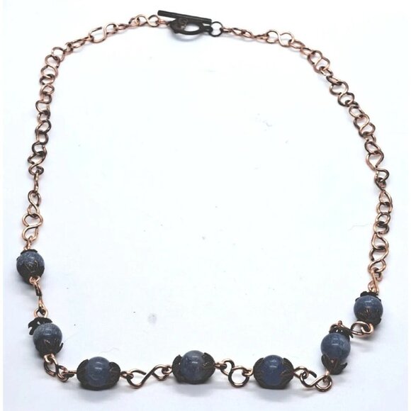 Handmade Artisan Copper Chain Blue Sodalite Beads, S-shaped Chain, Toggle, 18" - Picture 1 of 2